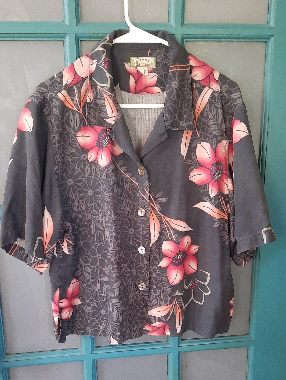 Tommy Bahama Charcoal Camp Shirt with Pink Floral Print